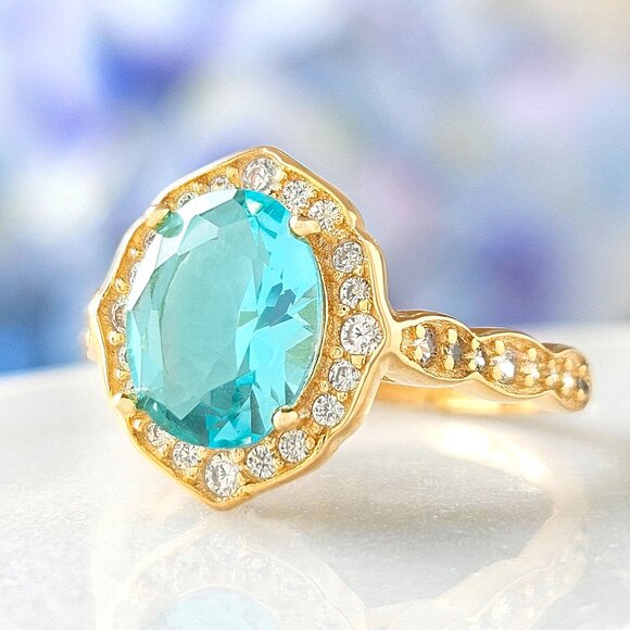 Gold and Aquamarine Gemstone ring,925 Sterling Silver Charmed Aroma - Picture 3 of 4